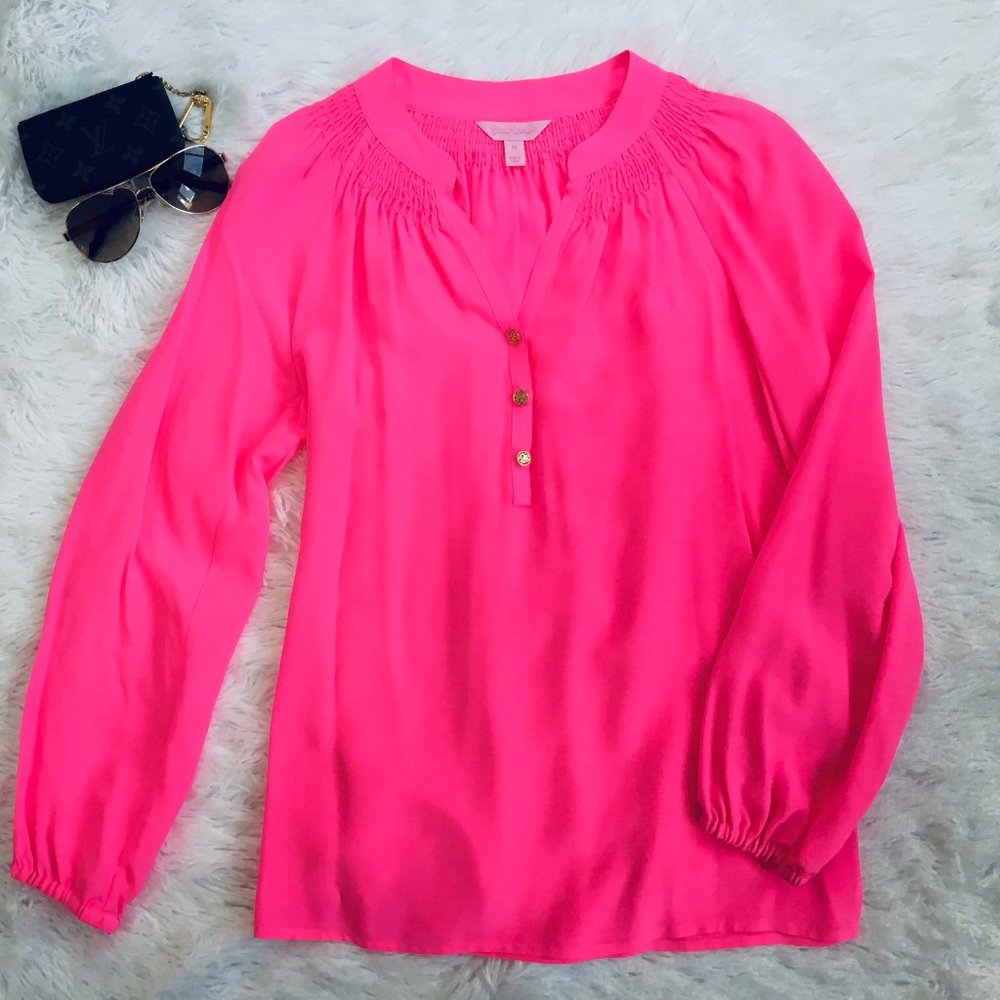 🎉HP🎉 Lilly Putlizer Neon Hot Pink Silk Blouse / Top - Picture 3 of 6